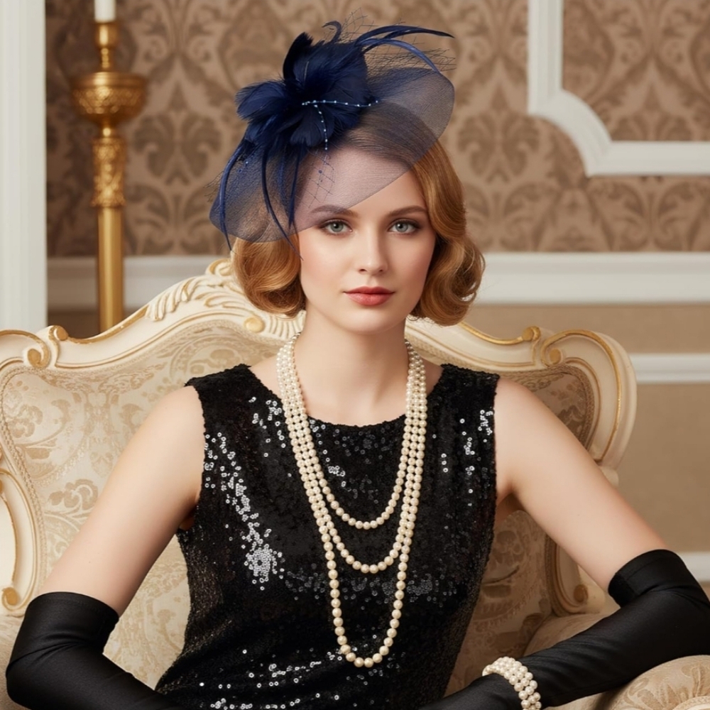 🐎NEW! Navy Blue Feathered Fascinator Hat - Picture 2 of 5